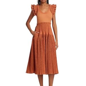 New Ulla Johnson chestnut Ruffle Plisse virginia ribbed Midi Dress Size 10